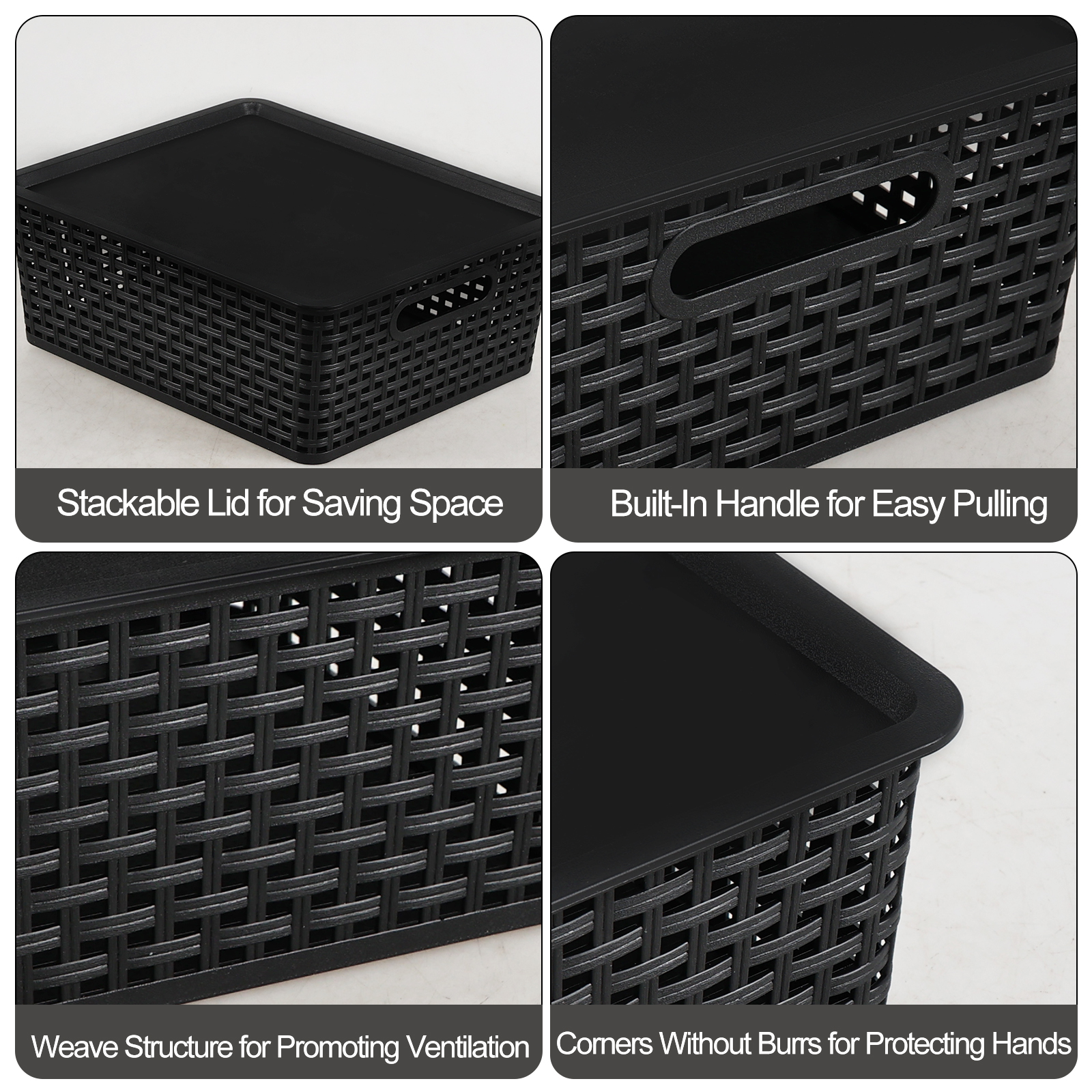 Idotry 6 Pack Large Stackable Storage Baskets with Lids, Plastic Lidded Storage Basket Bins for Shelves Closet Bathroom, 13.86"x 11.42"x 5.24", Black
