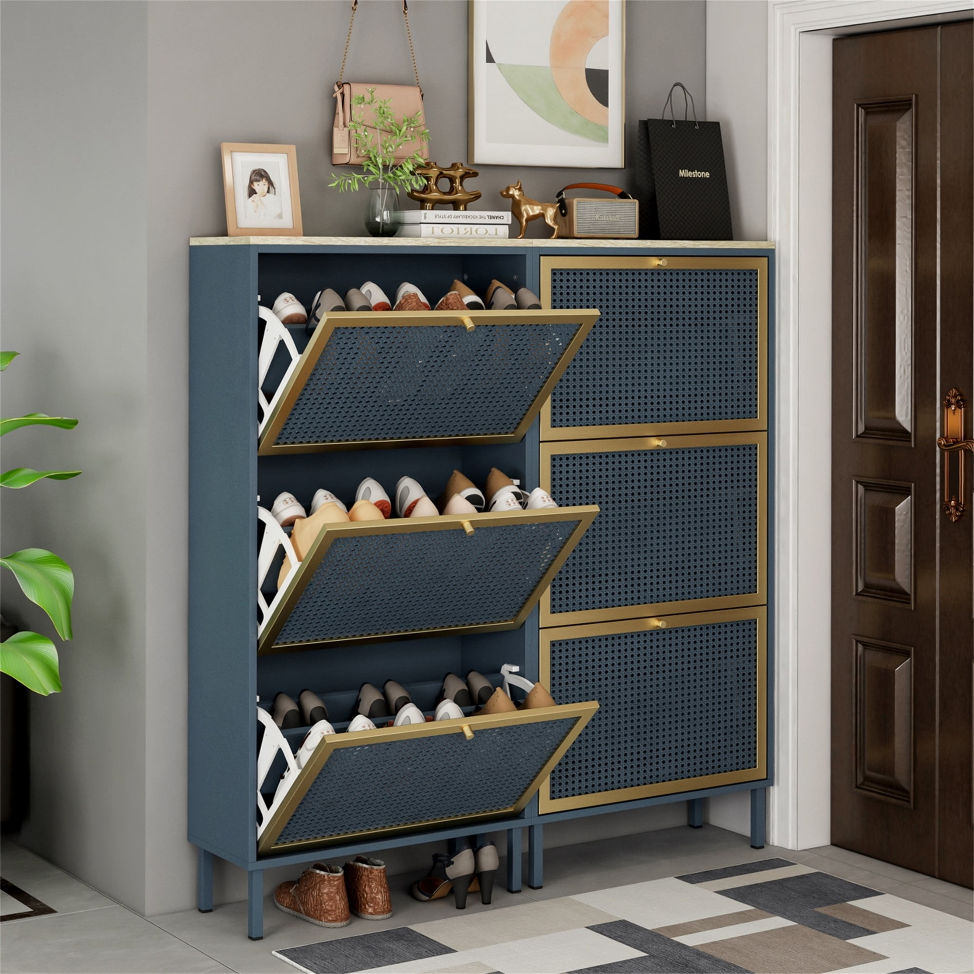 YYAo Shoe Rack Storage Cabinets, 3-Tier Metal Rattan Door Shoe Rack for Living Room Bathroom, Blue&Gray YYAo Shoe Rack Storage Cabinets, 3-Tier Metal Rattan Door Shoe Rack for Living Room Bathroom, Blue&Gray