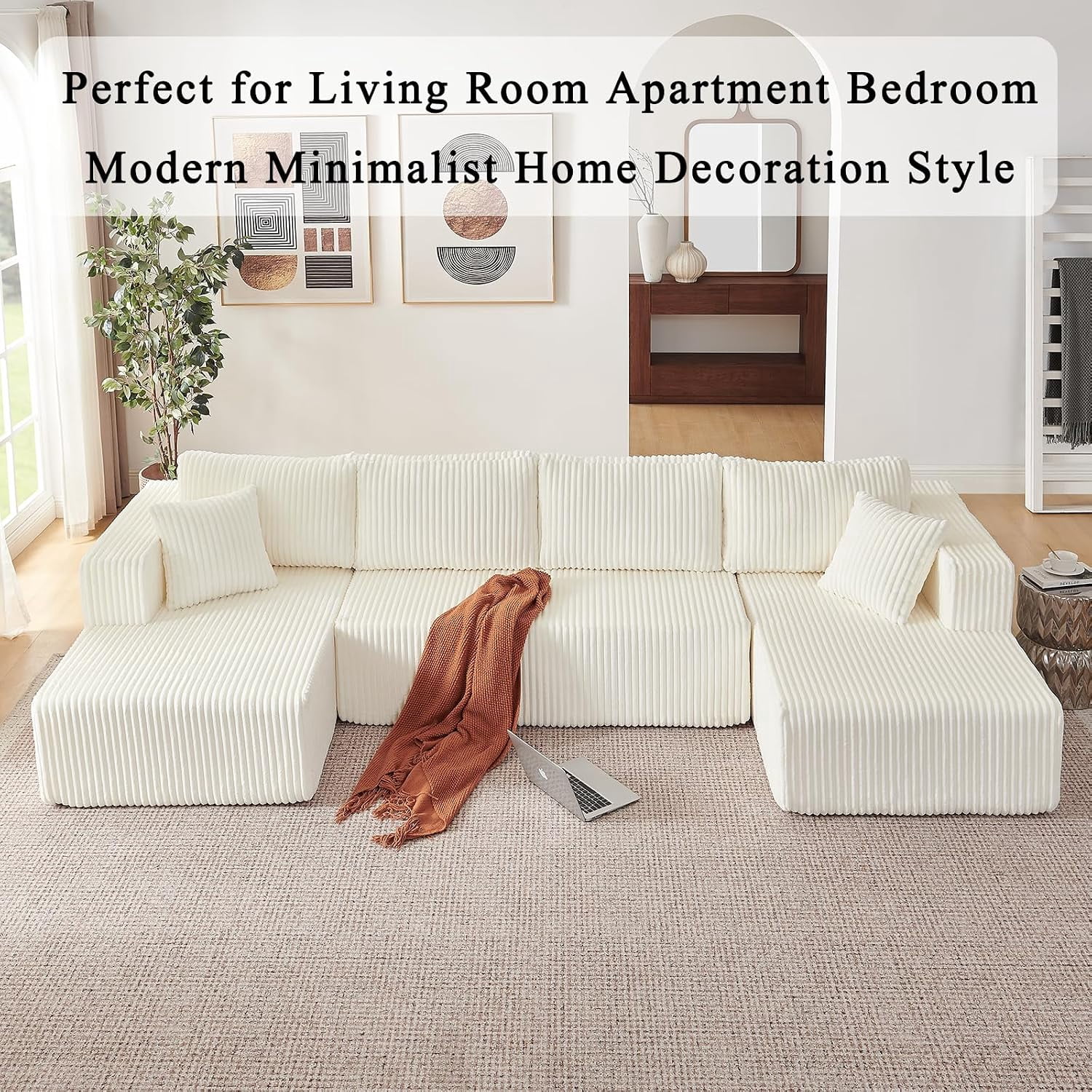 Howcool 132" U-Shaped Modular Cloud Couch Sectional Sofa, Oversized Deep Seat Corduroy Couch with Double Chaise, Boneless Memory Foam Sleeper Sofa Bed, No Assembly Required, Beige