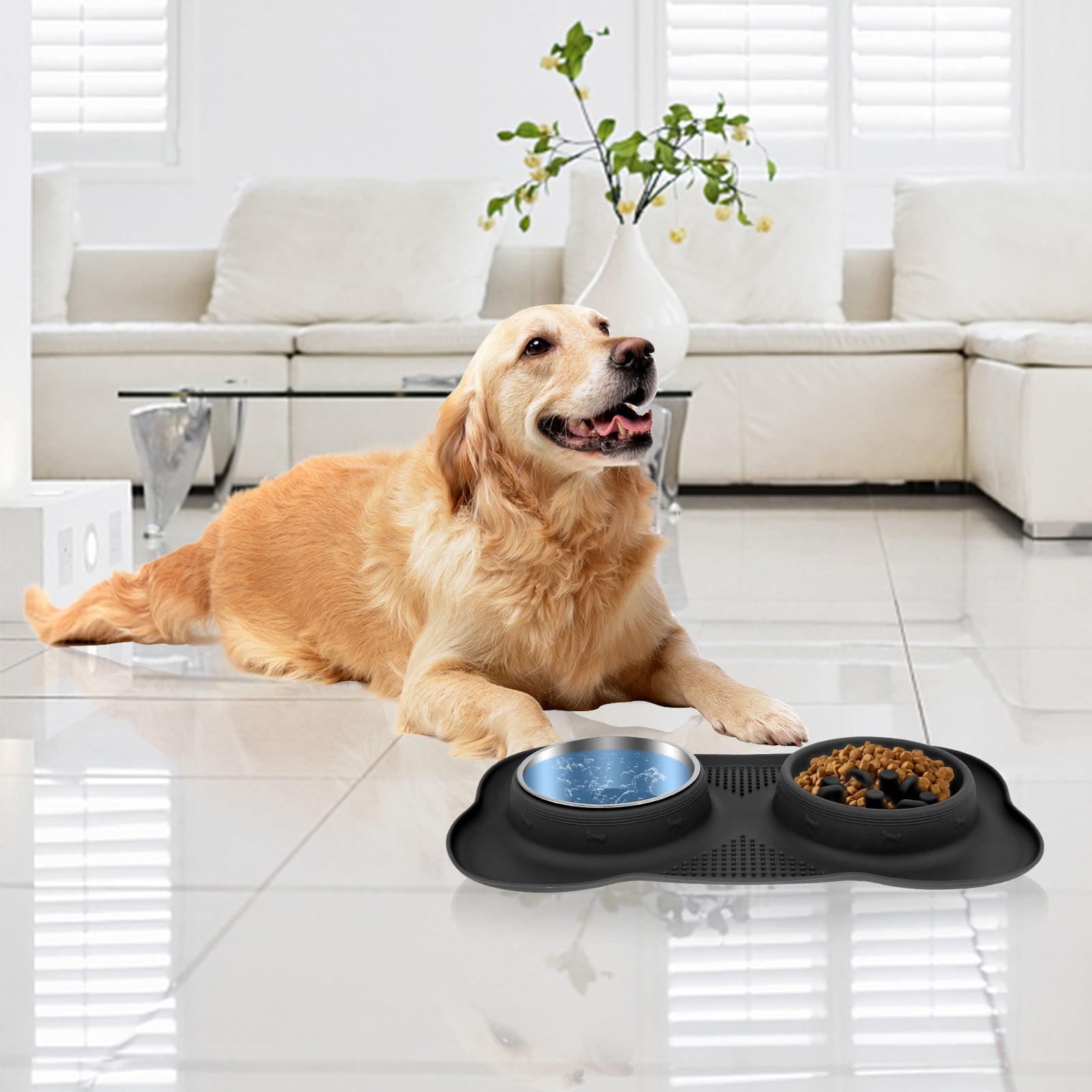 Slow Feeder Dog Bowl with Nonslip Silicone Mat Slow Eating Cat Bowl Detachable Slow Feeder and Water Bowl Set Dog Slow Feeding Bowl Stainless Steel Water Bowl for Dogs Cats