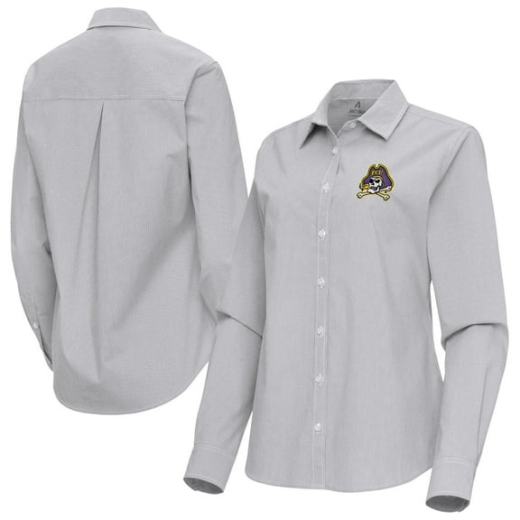 Women's Antigua Gray ECU Pirates Porter Woven Tri-Blend Long Sleeve Button-Up Shirt