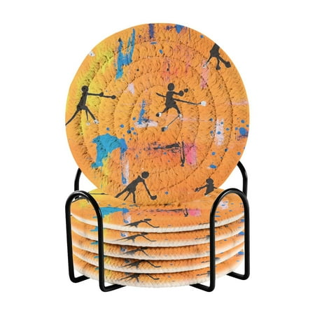 

6 Pcs Drink Coasters with Holder Absorbent Coasters Minimalist Home Decor Coaster Set Stylish Handmade Round Woven Coaster for Drinks Table Desk Protection People Playing Hockey