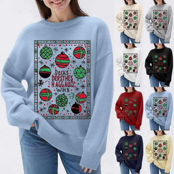 Karight Ugly Christmas Sweaters for Women Ball Print Knitted Long Sleeve Tops Crew Neck Holiday Cute Funny Pullovers