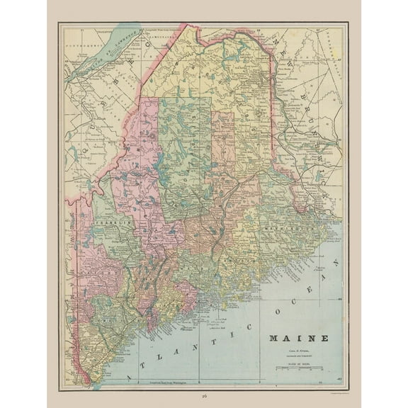 Historic State Map - Maine - Cram 1892 - 23 x 29.86 - Vintage Wall Art