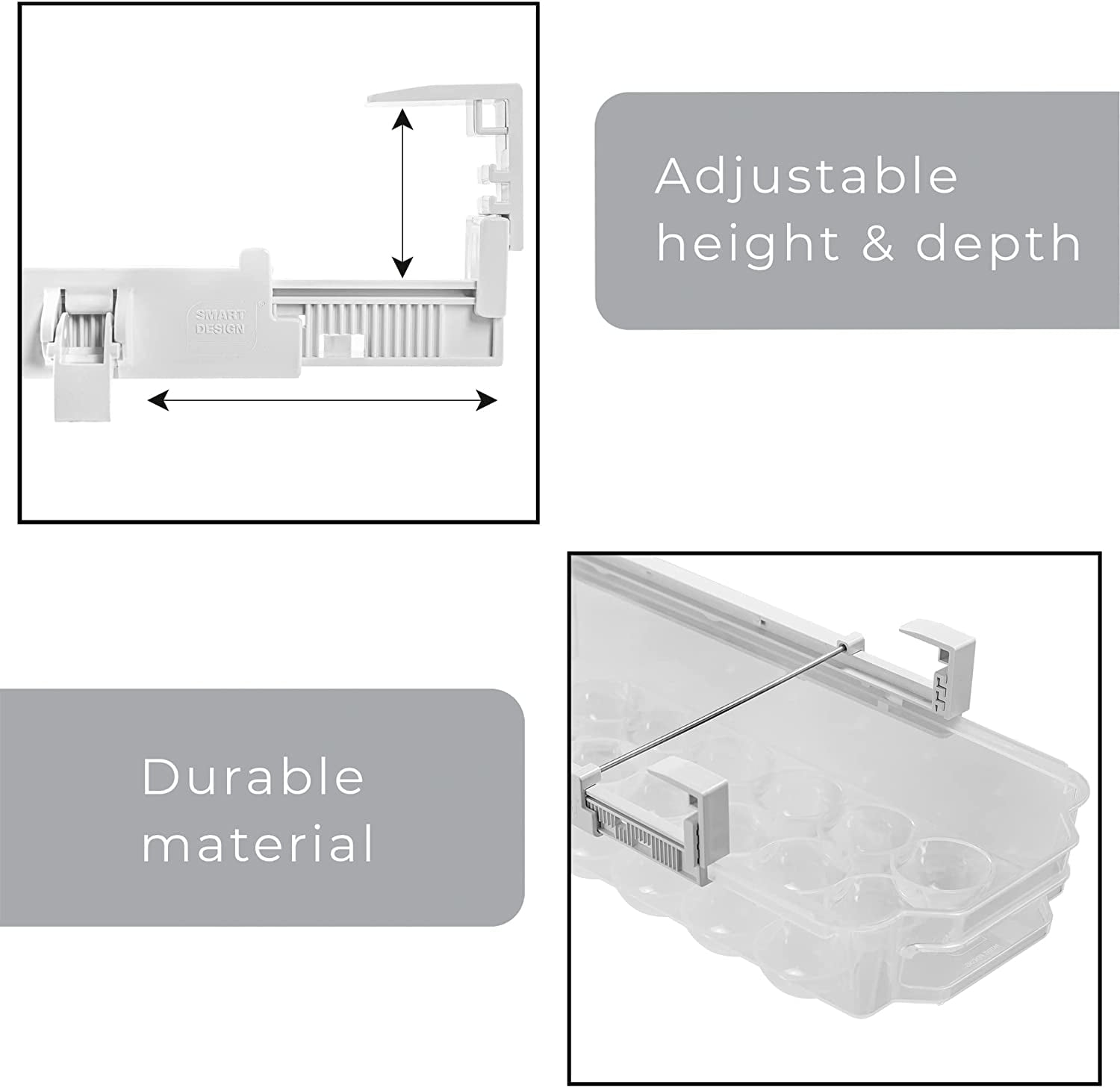 Smart Design Sliding Egg Drawer with Extendable Rails Set of 2 - Holds 18 Eggs Each - Adjustable Hooks - BPA Free - Clear Food Storage Container for Fridge or Freezer - Pull Out Organizer Bin