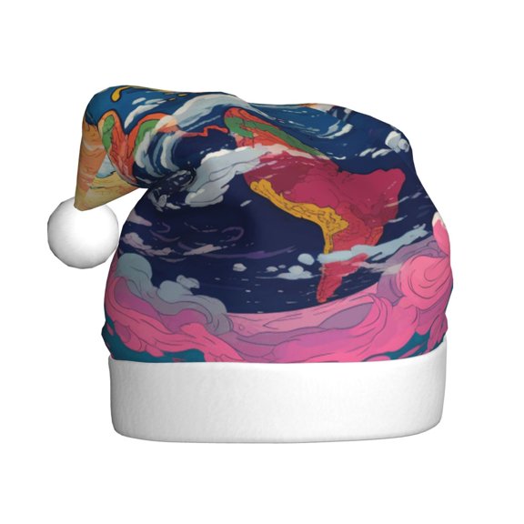 Kowoue Colorful Whimsical Earth Pattern Santa Hat Christmas Hats for Adults, Holiday Unisex Velvet Comfort Xmas Hat for Women Men