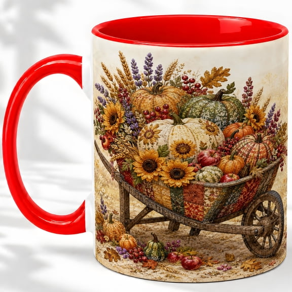 Pumpkin Wheelbarrow 11oz Ceramic Accent Mug for Fall Harvest Glossy ceramic mug with harvest artwork for daily coffee or tea at home or office