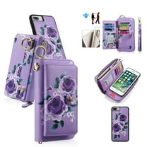 Multifunctional Wallet Case For iPhone 6 Plus / 6S Plus with RFID Blocking Card Slots,Detachable Purse Soft PU Leather Magnetic Snap Hand Strap Zipper Pocket Cute Flower Case with Carabiners,Purple