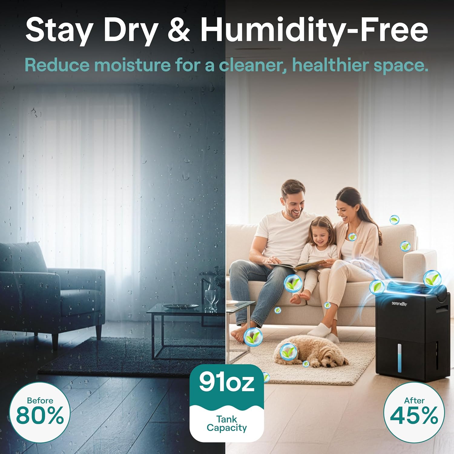 SereneLife 91oz Dehumidifier for Home – Covers Up to 1200 Sq Ft, Timer, Sleep Mode, Humidity Control, Includes Removable Closet Dehumidifier, Black