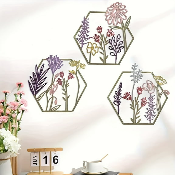 3Pcs Metal Flowers Wall Decor, Rustic Floral Wall Art, Minimalist Metal Wall Sculptures for Living Room, Home and Kitchen, Bedroom or Hallway, Colorful Wall Hanging Decor for Gifts
