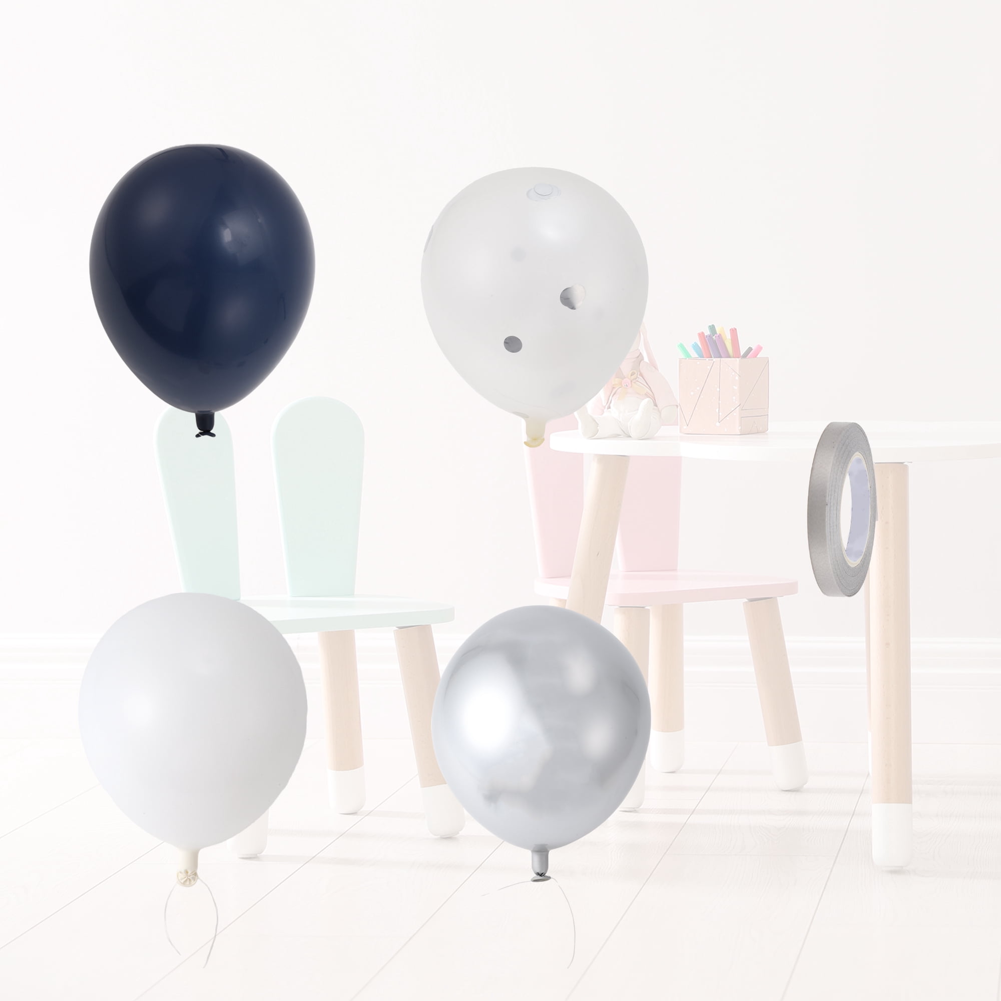 Unique Bargains Latex Party Balloons with Ribbon Deep Blue White Silver Clear 10inch 20Pcs