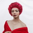 thumbnail image 4 of Bonnet en Satin Uni pour Femmes Bandeau de Nuit Bonnets de Coiffure (Rouge Vin), 4 of 7