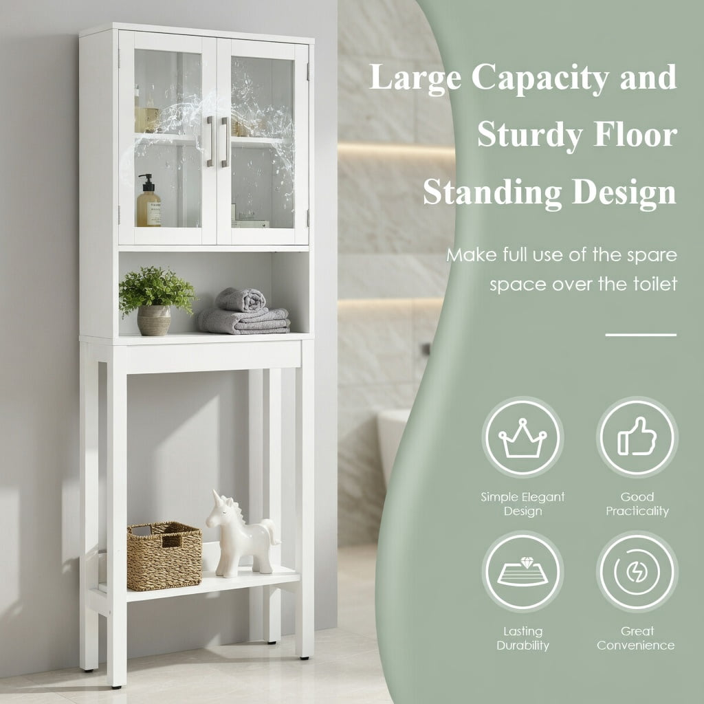 Hommoo Over the Toilet Storage Cabinet with Tempered Glass Doors, Bathroom Space Saver, Adjustable Shelf, Wall-Safe Anti-Tip Design, White