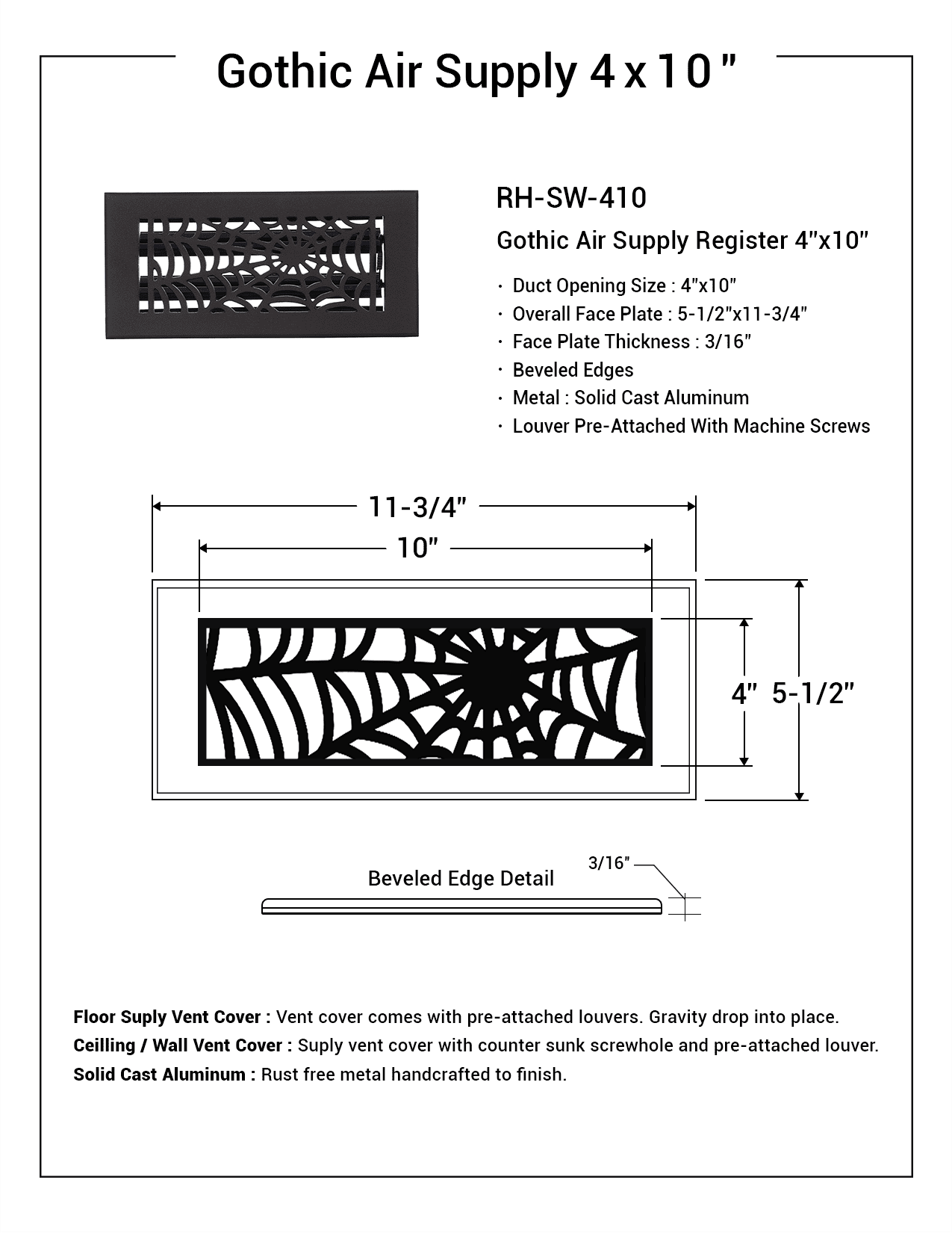Spooky Gothic Vent cover 4"x 10" Duct Opening (Overall 5-1/2"x 11-3/4") Spider Web Design Solid Cast Aluminium Register