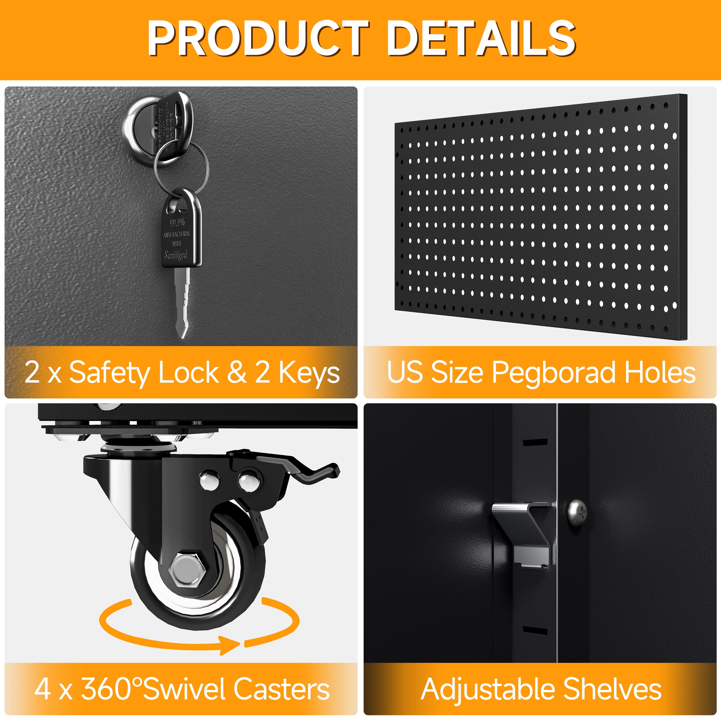 Rolling Garage Storage Cabinet with Wheels and Pegboard,Metal Storage Cabinet with Doors and Adjustable Shelves,Lockable Steel Tool Cabinet for Garage,Warehouse,Utility Room,Home,Office(Black Gray)