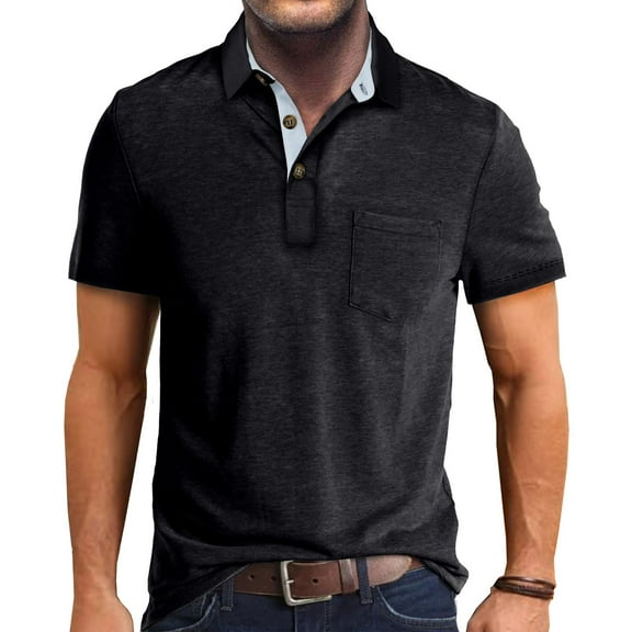 SWSMCLT Men's Short Sleeve Shirt Soft Top Work Date Night Polo Shirt Pocket Fashion Basic Summer Thin Cool Casual Black Large