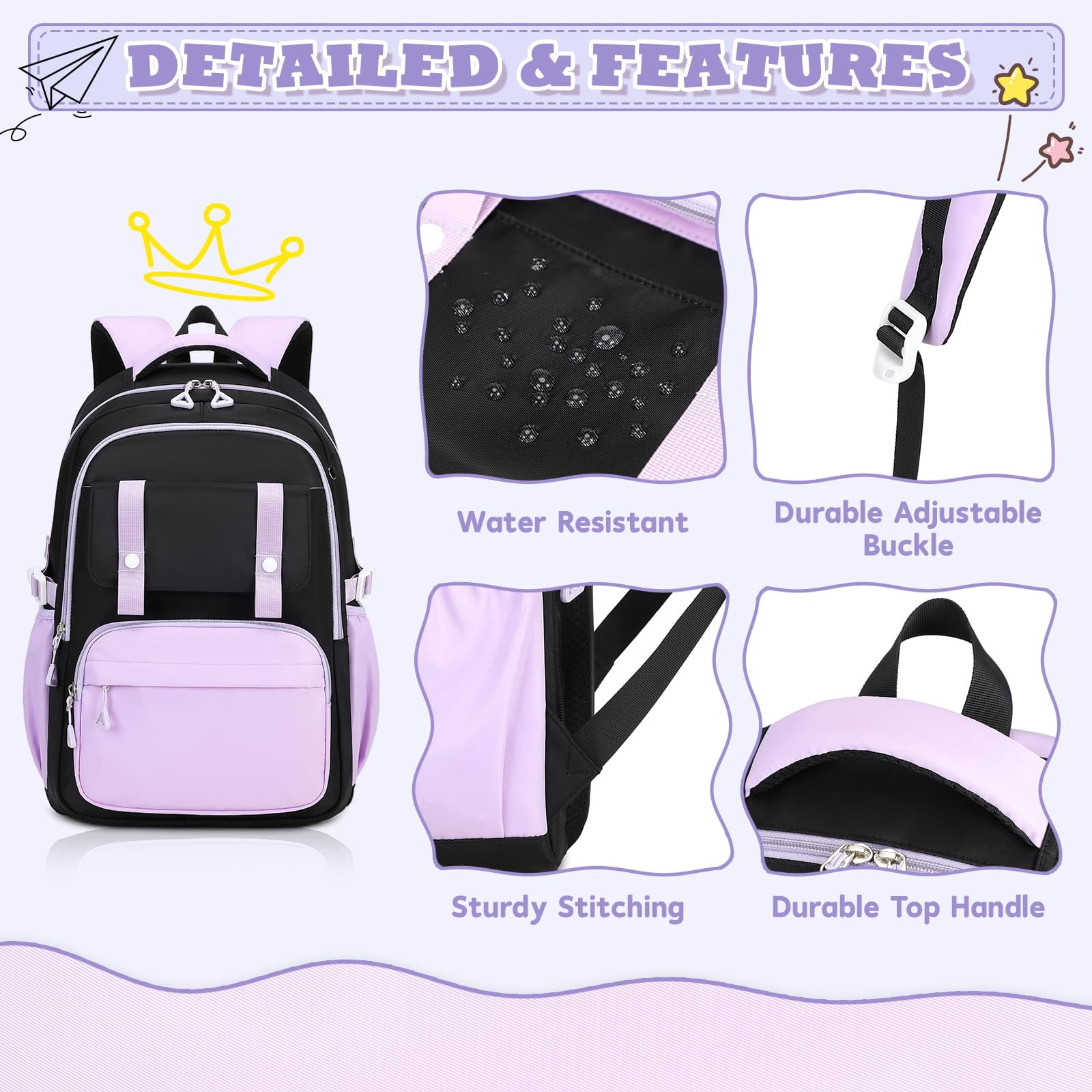 Soda Candy Girls Backpack Ideal Elementary Middle School Backpacks for Kids Cute Kawaii Large Capacity Bookbag with Reflective Strip, Black Purple