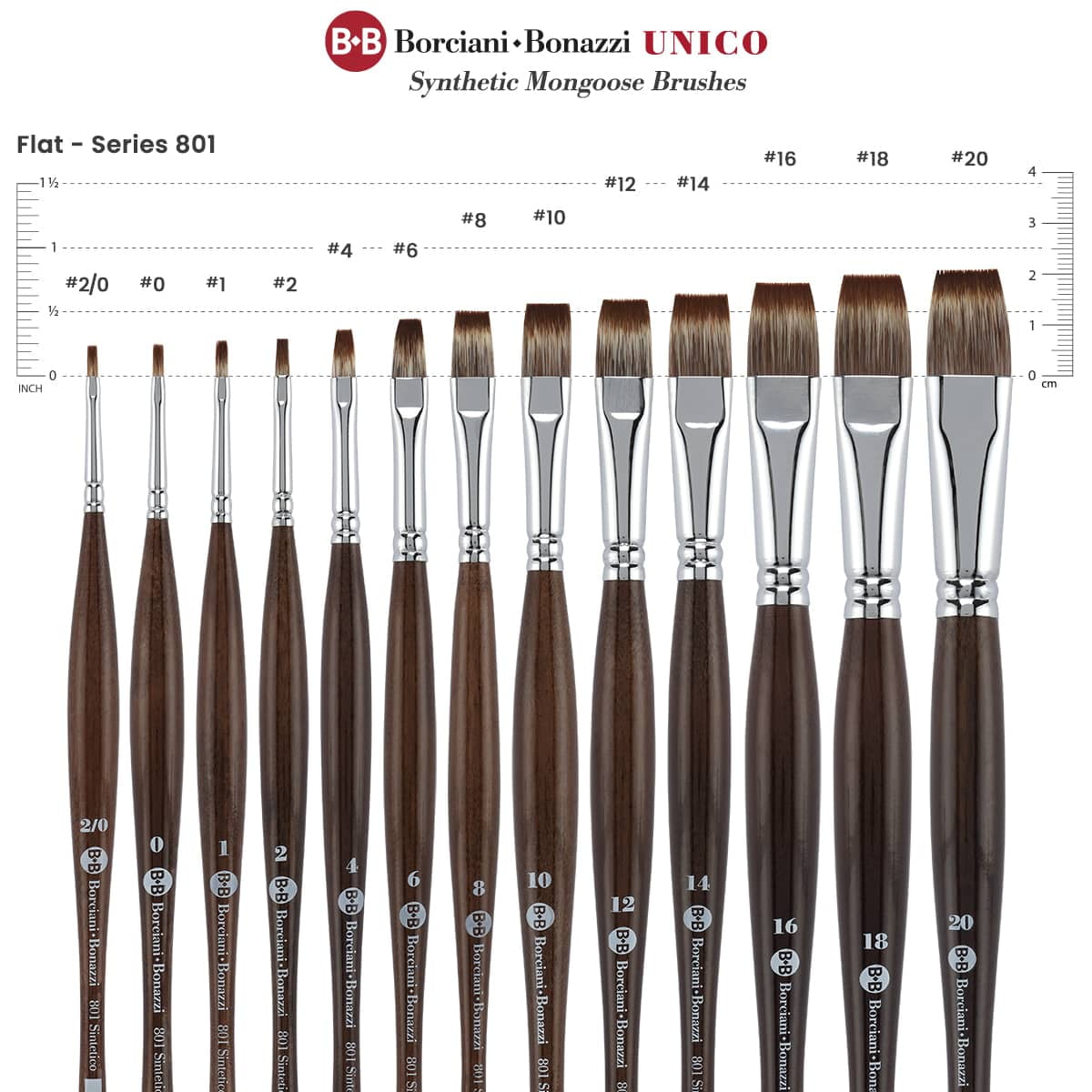 Borciani e Bonazzi Unico Synthetic Mongoose Artist Paint Brush - Series 801 Flat - Size #14 - Watercolors, Oil & Acrylic Paint - Handcrafted in Italy, Anti-Roll Design, Ergonomic Medium Handle