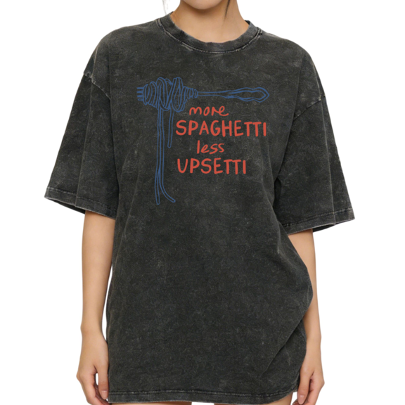 Women's Vintage "More Spaghetti Less Upsetti" Funny Pasta Graphic Breathable Washed Tee Black S-2XL Plus Size