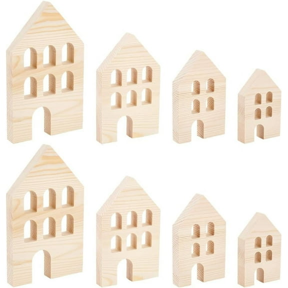 8Pcs 4 Sizes Unfinished Wooden House Blocks Wooden Tray Plates House Blank Wood Cutouts Wood Display Decoration Pieces for Home Kitchen Office Shelf Coffee Bar Decor - 1.8cm Thick