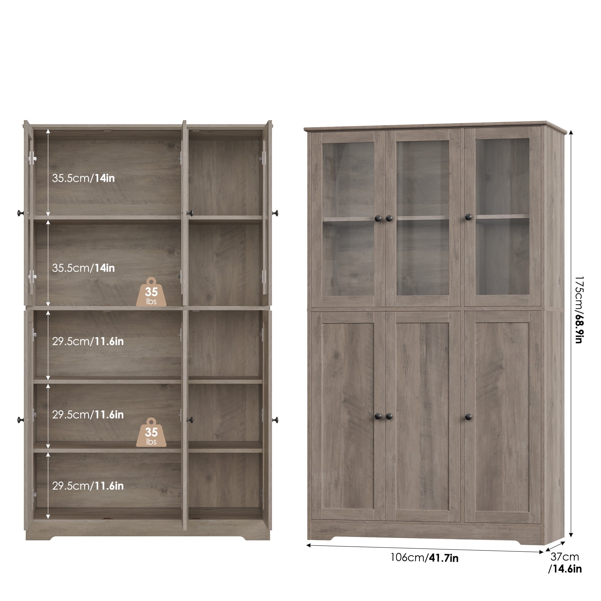 Homfa 69" Tall Bookshelf, 5-Tiers Large Bookcase with Glass Doors and Hutch Storage Cabinet for Living Room Kitchen Office, Gray