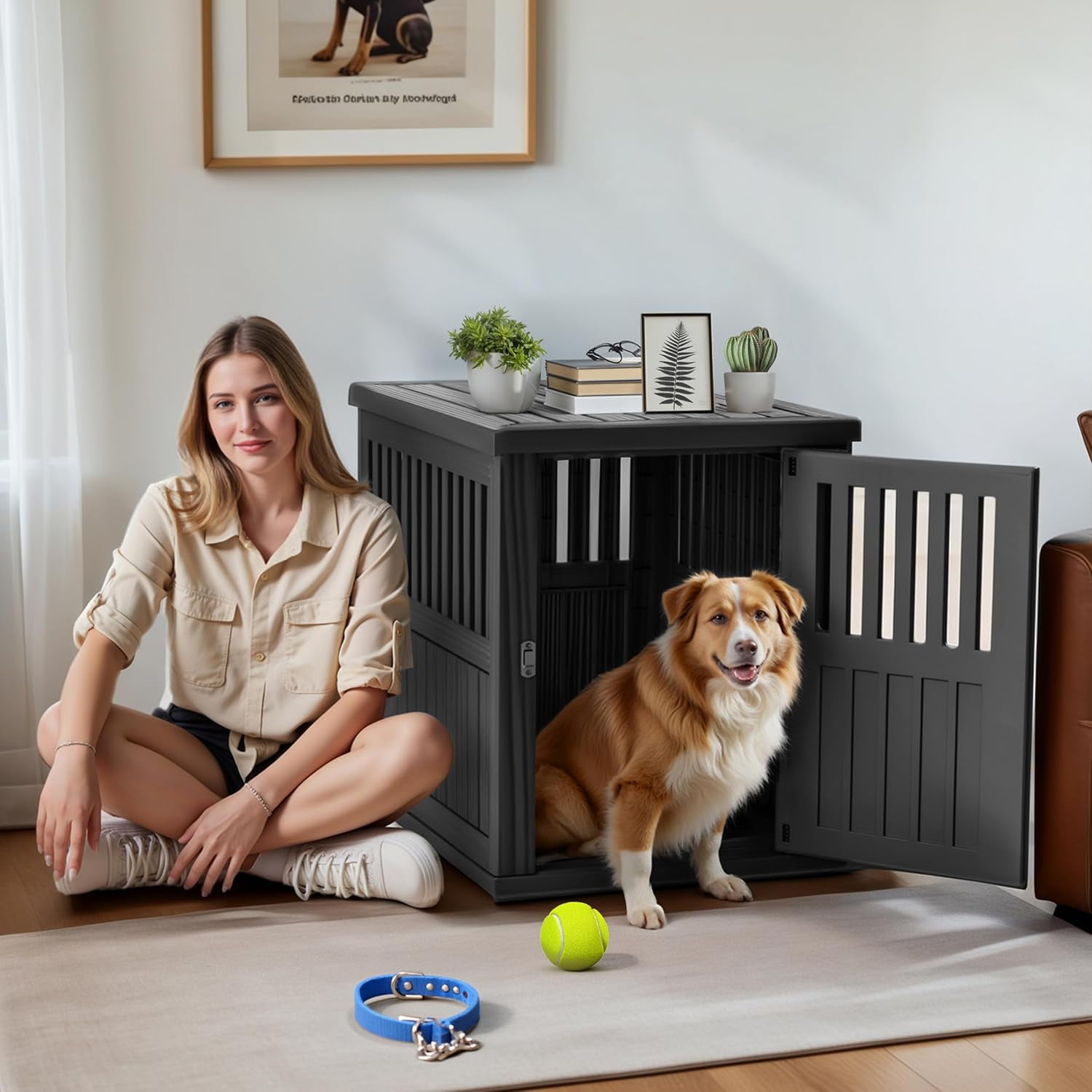Modern Resin Dog Crate End Table – 2-in-1 Indoor Kennel with Secure Latch for All Sizes – Side/Night Table, Light Brown, 29.6x21.3x25.3in