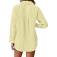 thumbnail image 5 of Womens Long Sleeve Tops Spring Summer Solid Color Cotton Linen Pleated Belt Pocket Loose Casual Long Sleeved Shirt, 5 of 6