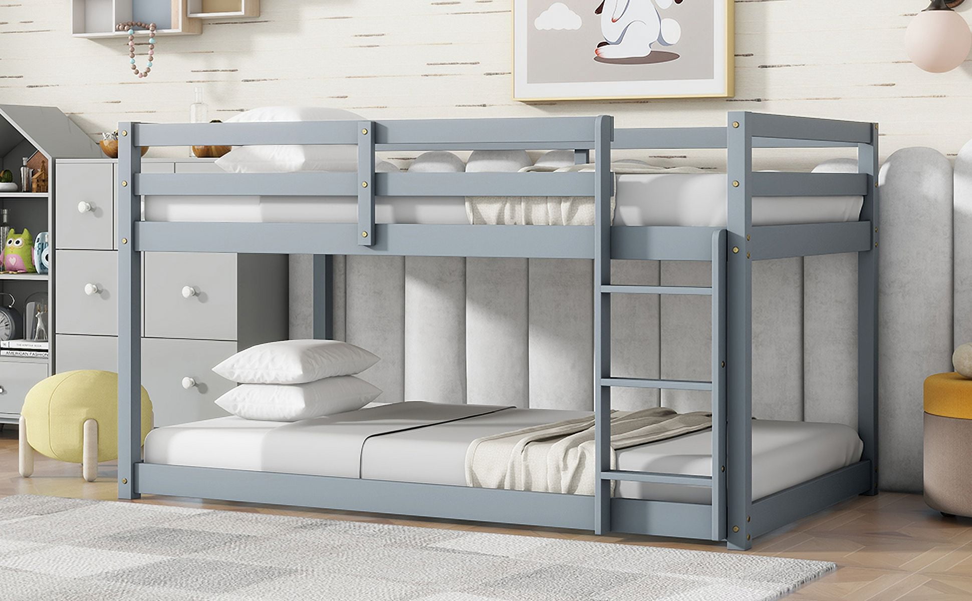 Sailvan Twin over Twin Floor Bunk Bed with Ladder, Solid Wooden/Solid Rubber, Upper and Bottom Bed Platforms crafted with Strengthened Slats