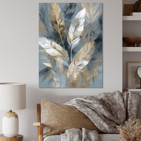 Designart "Gold And Grey Impressions Of Bohemian Energy II" Boho Feather Wall Art Living Room