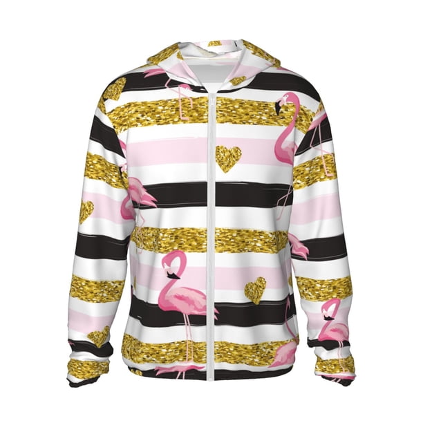 Balery Gold Glittering Hearts and Flamingos Sudadera ligera de manga larga con capucha y protección solar UPF 50+ para hombre y mujer, ideal para pesca y running-3X-Large