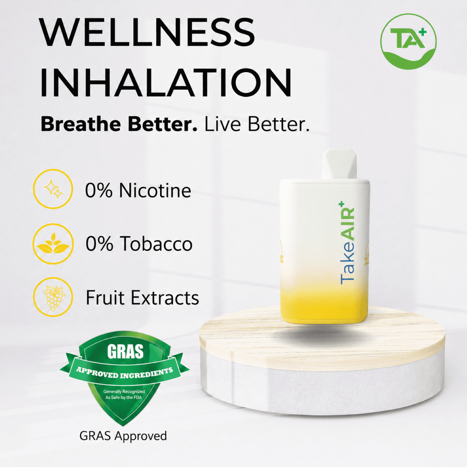 TakeAIR+ Nicotine-Free Diffuser Over 4K Puffs, All Natural, Smokeless Inhaler, Lemon
