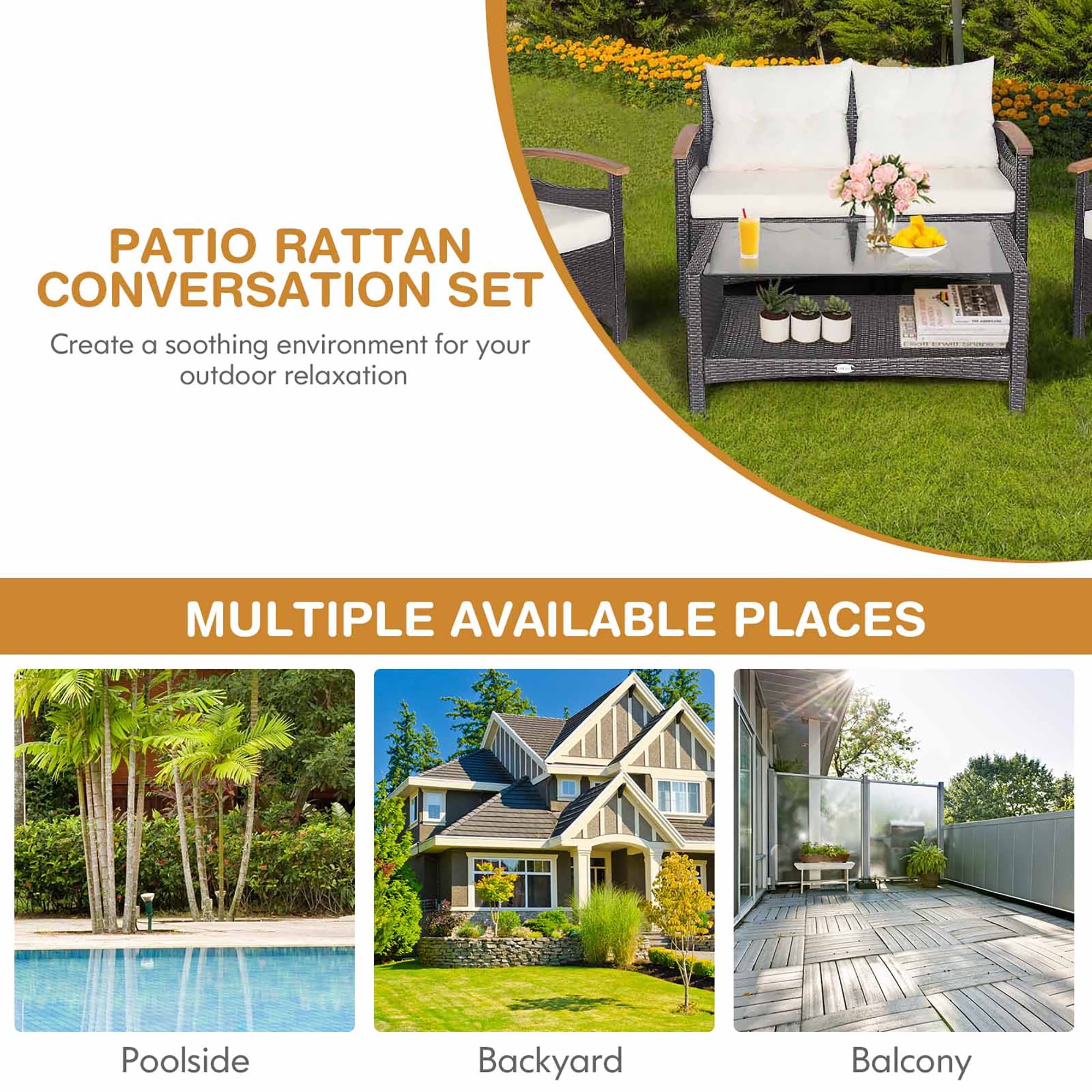 Costway 4PCS Patio Rattan Conversation Set Cushioned Sofa Storage Table Off White