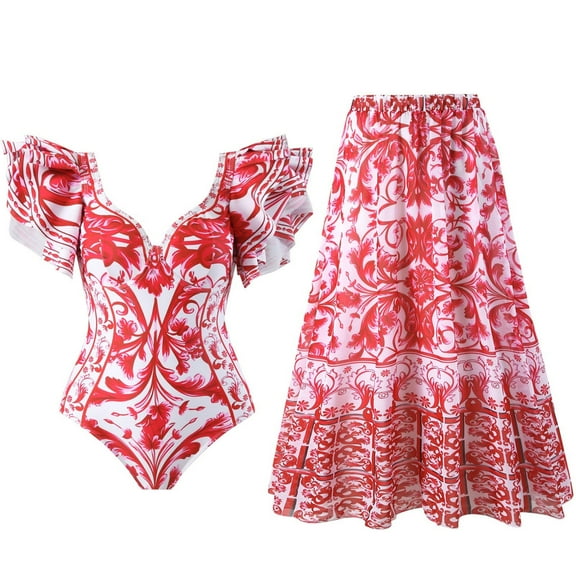 Sakmal Red Swimsuits Ruffle One Piece Tummy Control Swimwear Ethnic With Dress Swimsuits