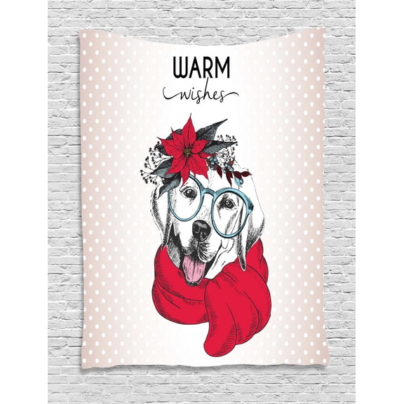 Labrador Tapestry, Cute Labrador Warm Wishes Quote with Glasses Scarf Flowers on Head Polka Dots, Wall Hanging for Bedroom Living Room Dorm Decor, 60W X 80L Inches, Multicolor, by Ambesonne