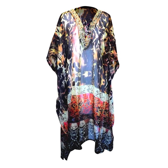 Peach Couture Bohemian Summer Tunic Beach Cover Up Dress with Embellished Neckline