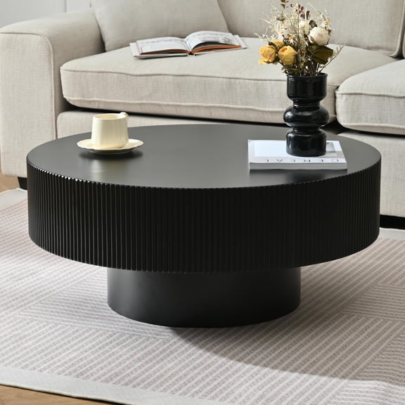 Black Fluted Round Pedestal Coffee Table For Living Room 35.4 Inch