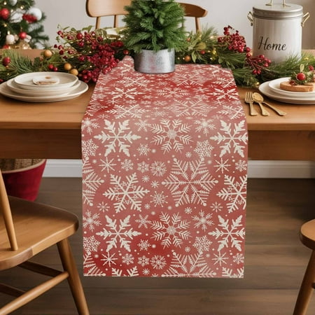 Christmas Bokeh White Snowflakes Table Runner 18x72in Non-Slip Cotton Linen Table Runners Watercolor Gradient Red Dresser Scarves TableRunner for Dinner Kitchen Dining Wedding Party
