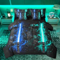 Castle Fairy Gamepads Lightsaber Bedding Comforter Set 7 Pieces for Kids Children Teens,Video Game Full Bedding Set Lightweight,Galaxy Universe Fitted Sheet Flat Sheet,Microfiber Bedroom Decor