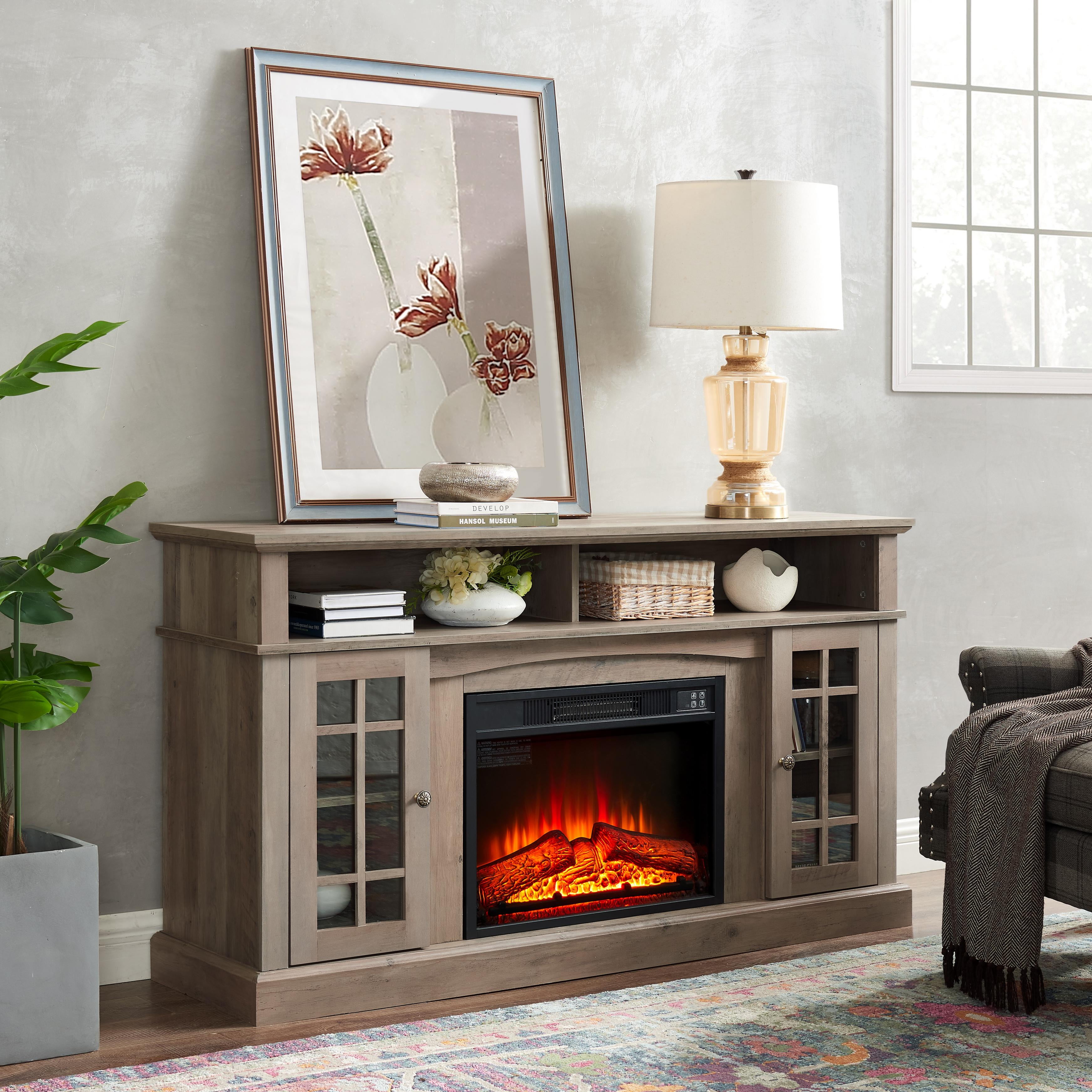 PAPROOS Fireplace TV Stand for 65 Inch TV, Modern Farmhouse TV Cabinet with 23'' Electric Fireplace, Entertainment Center Television Console Table for Living Room, Gray