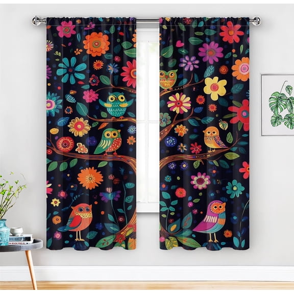 Boho Floral Tree Blackout Curtains – Abstract Owl and Colorful Flower Design for Living Room and Bedroom, Rod Pocket Drapes,A