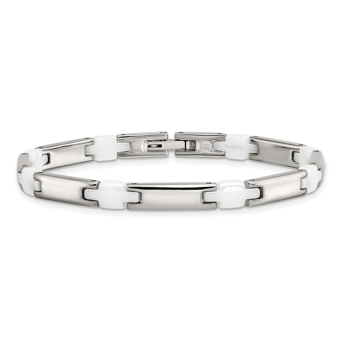 Stainless Steel Polished Fold-over and White Ceramic 7.5inch Bracelet 5mm Wide Link Bracelet for Women