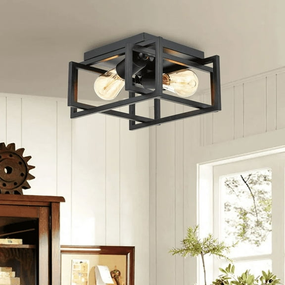 2-light Flush Mount Ceiling Light Fixture with Black Shade Cage Ceiling Light Staggered-Lines Design for Bedroom, Kitchen, Foyer, Laundry
