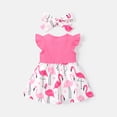 thumbnail image 2 of PatPat 2pcs Baby Girl Bow Front Allover Flamingo Print & Solid Spliced Flutter-sleeve Dress & Headband Set, 2 of 6