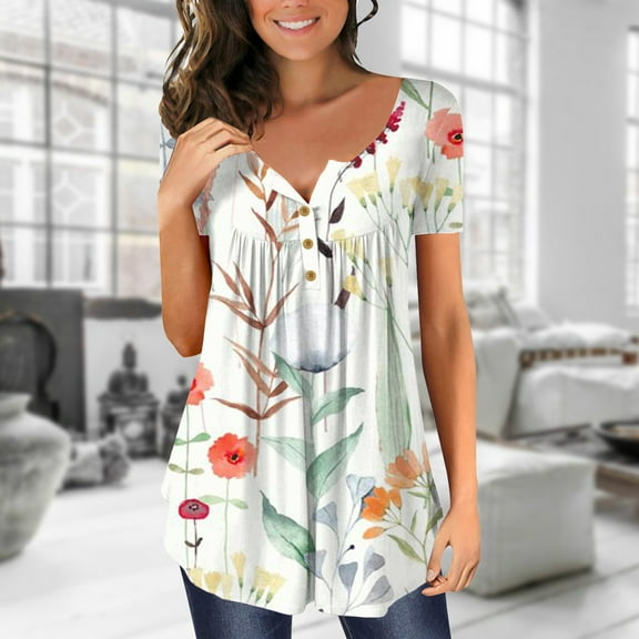 Fesfesfes Women Short Sleeve Tops Women Fashion Casual Printing Shirts Short Sleeve Loose Tee Tops V Neck Blouse Cute Tops for Women S(US:4)