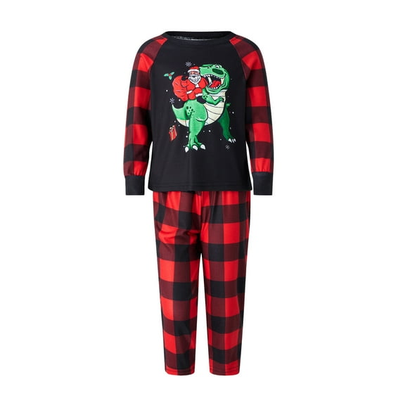 SAYOO Christmas Family Matching Pajamas Set, Dinosaur Santa Claus Print T-shirt with Plaid Pants