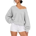thumbnail image 4 of Mutghys Off the Shoulder Sweatshirt for Women V Neck Solid Color Long Sleeve Pullover Sweater Home Daily Shopping Loose Comfy Fall Sweatshirts S-2XL, 4 of 8