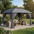 thumbnail image 2 of LAZZO 10'x12' Outdoor Gazebo with Built-in LED Light, Double Roof Metal Frame Patio Canopy with Mosquito Netting & Privacy Screens, Gray, 2 of 9
