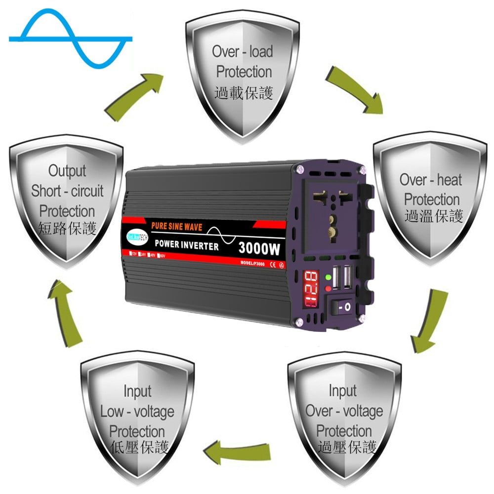 Pure Sine Wave Power Inverter 3000W 12V/24V DC to 220V AC Converter for Solar Panel Home RV Camping 12V to 220V