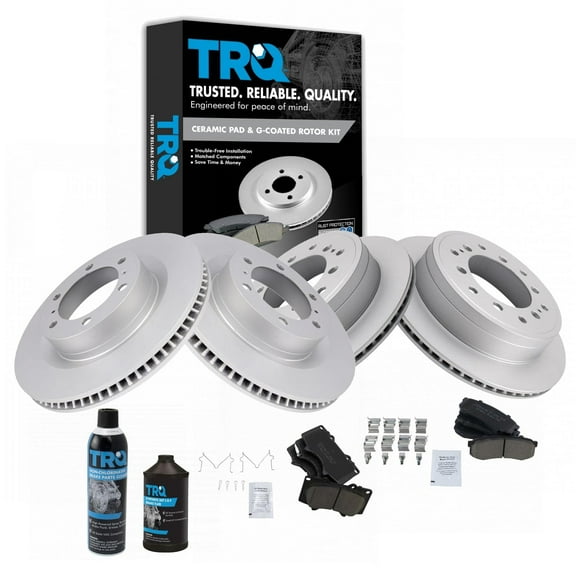 TRQ Front & Rear Ceramic Brake Pad & Coated Rotor Kit w/Fluids for Toyota Lexus BKA23086