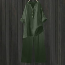 Xdegoge Linen Sets for Women 2 Piece Plus Size Long Sleeve V Neck Button Down Shirts Wide Leg Linen Pants Casual Loose Fit Sets Summer Beach Vacation Outfits Solid Color Lounge Sets